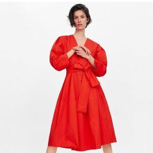 Zara Poplin Belted Long Sleeve Dress Red